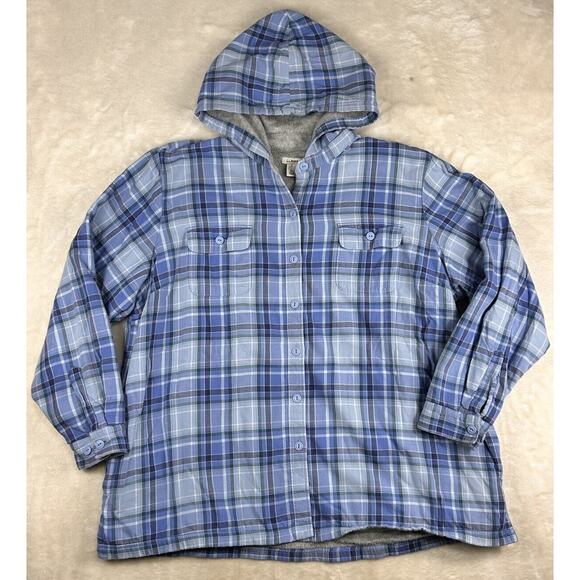 LL Bean Hoodie Womens 2X Blue Plaid Flannel Shacket Shirt Jacket Fleece Lined - Picture 1 of 8